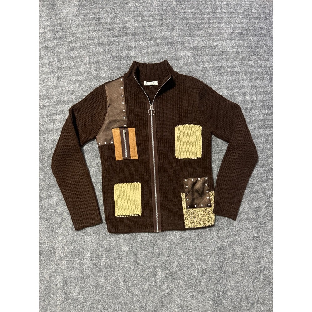 VTG Y2K Joy X Patchwork Studded Knit Zip Up Cardigan Sweater O-Ring Brown S